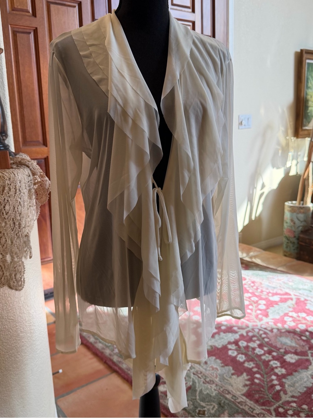 Ronen Chen Cream Sheer Tie-Front Long-Sleeve Ruffled Wrap Top US Size S (5)